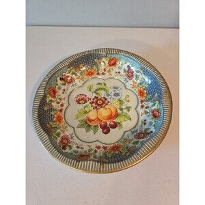 Vtg 1971 Daher Decorated Ware Scalloped 10" Tin Bowl Tray England Flower & Fruit
